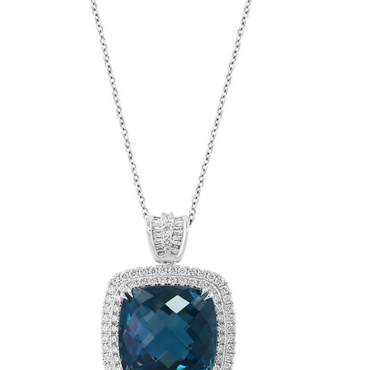 EFFYÂ® London Blue Topaz (11-3/4 Ct. T.W.) & Diamond (7/8 Ct. T.W.) Halo 18" Pendant Necklace in 14K White Gold