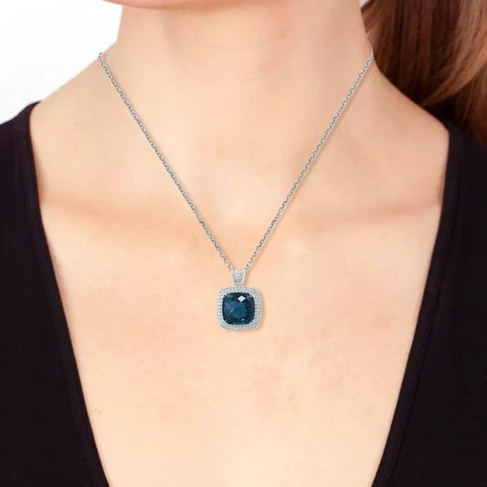 EFFYÂ® London Blue Topaz (11-3/4 Ct. T.W.) & Diamond (7/8 Ct. T.W.) Halo 18" Pendant Necklace in 14K White Gold